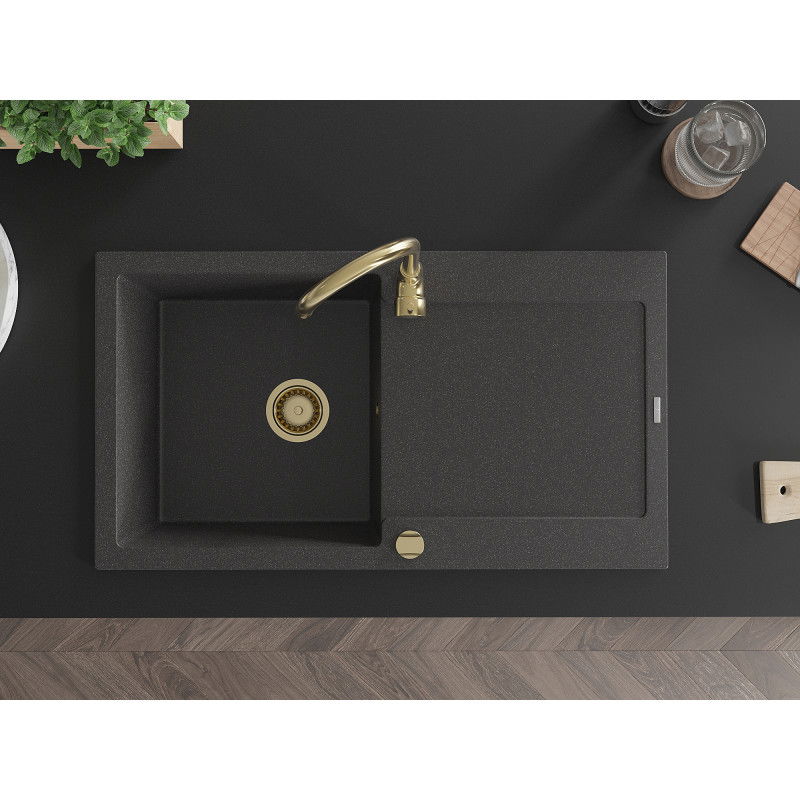Mexen Leo гранитна мивка с 1 корито с отцедник и кухненски смесител Telma, черно накъдрено - 6501-76-670200-50