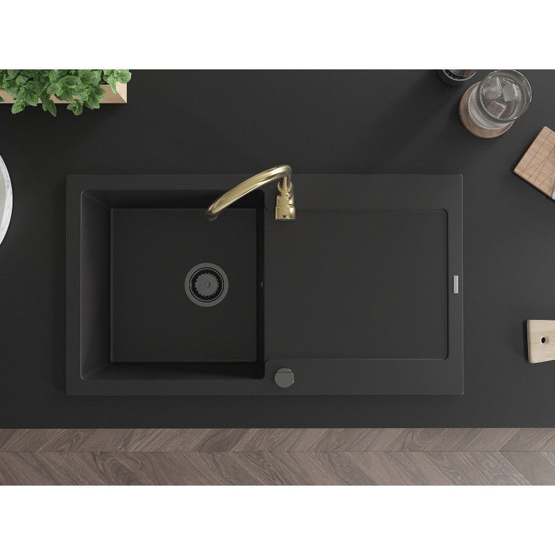 Mexen Leo гранитна мивка 1-камерна с отцедник и кухненски смесител Telma, черен - 6501-77-670200-50-B