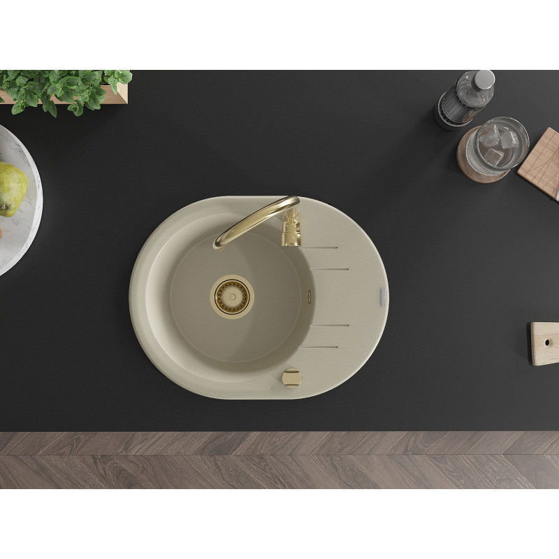 Mexen Kevin гранитна мивка с 1 камера и сушилня 586 x 458 мм, бежова, златен сифон - 6517581005-69-G