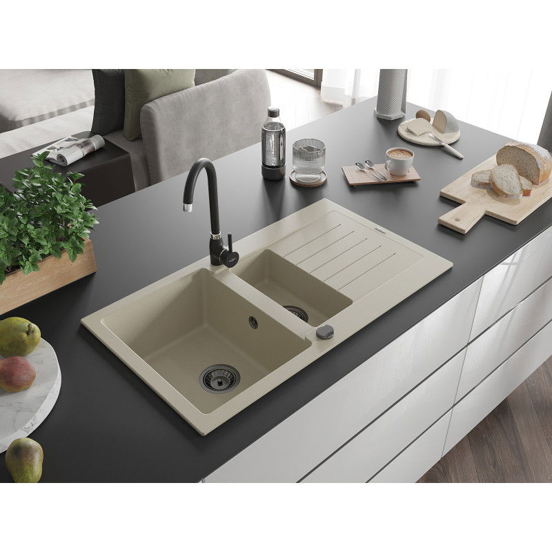 Mexen Matias гранитна мивка 1,5-камерна с отцедник и кухненски смесител Telma, бежов - 6502-69-670200-70