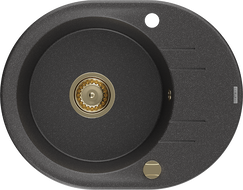 Mexen Kevin гранитна мивка 1-каморна с отцеждач 586 x 458 mm, черна с петна, сифон златен - 6517581005-76-G