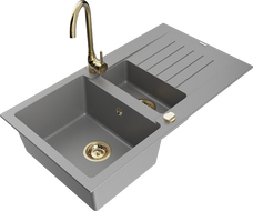 Mexen Matias гранитна мивка 1,5-камерна с дренаж и кухненски смесител Telma, сив - 6502-71-670200-50