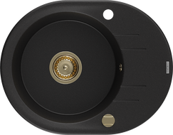 Mexen Kevin гранитна мивка с 1 отделение и отцедник 586 x 458 мм, черна, златен сифон - 6517581005-77-G