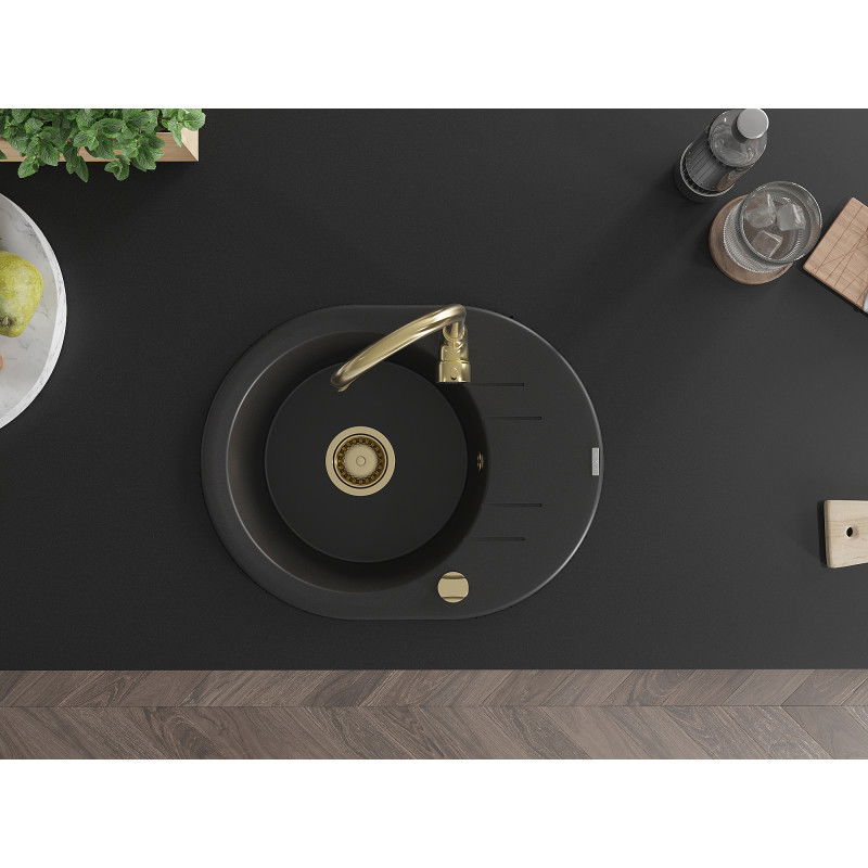 Mexen Kevin гранитна мивка с 1 отделение и отцедник 586 x 458 мм, черна, златен сифон - 6517581005-77-G