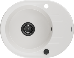 Mexen Kevin гранитна мивка с една камера и изцедник 586 x 458 мм, бял, черен сифон - 6517581005-20-B