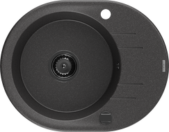 Mexen Kevin гранитна мивка с едно корито и отцедник 586 x 458 мм, черен с бели пръски, черен сифон - 6517581005-76-B