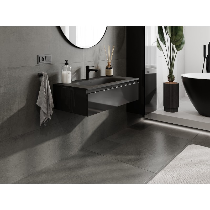 Mexen Orio баня шкаф 90 см с мивка Vela, 1 чекмедже, черен гланц/черен мат