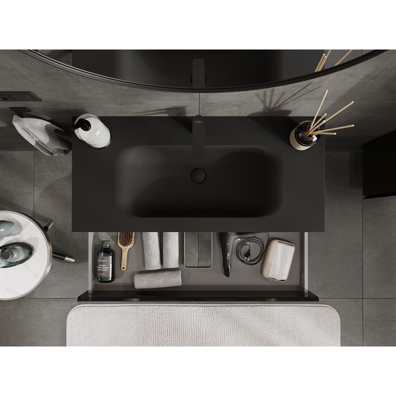 Mexen Orio шкаф за баня 100 см с мивка Vela, 2 чекмеджета, черен гланц/черен мат