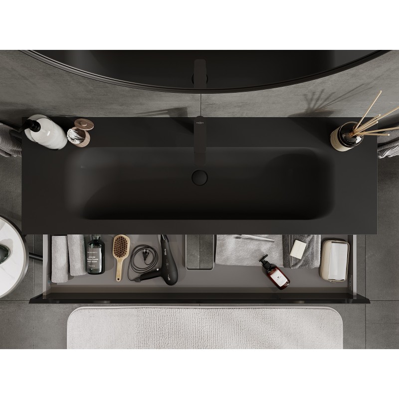Mexen Orio шкаф за баня 140 см с мивка Vela, 2 чекмеджета, черен гланц/черен мат
