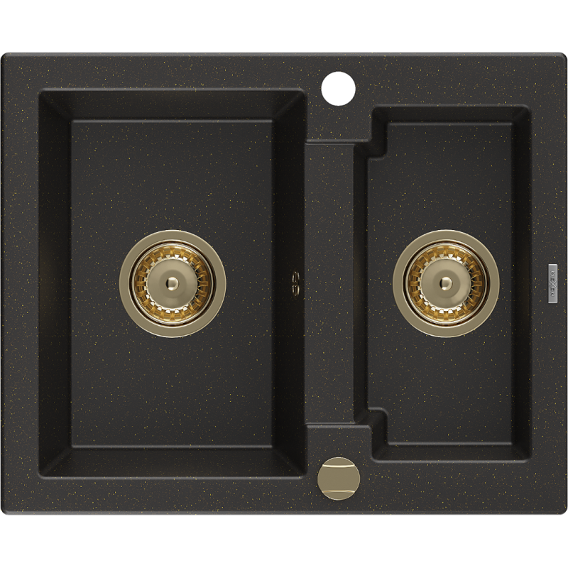 Mexen Carlos гранитна мивка с 1,5 отделения 582 x 475 мм, черно/златист металик,