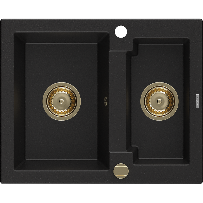 Mexen Carlos гранитна мивка с 1,5 камери 582 x 475 мм, черна, сифон златен