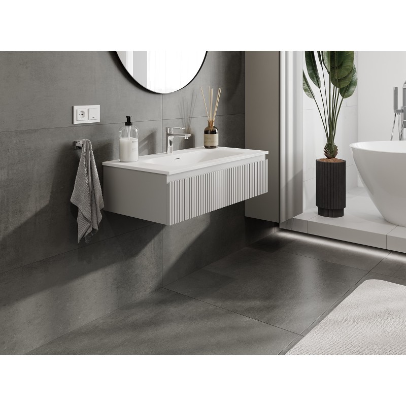 Mexen Rivel шкаф за баня 90 см с мивка Vela, 1 чекмедже, оребрен, сив мат/бял мат - 91A20-09023-1-BF62-W23M01