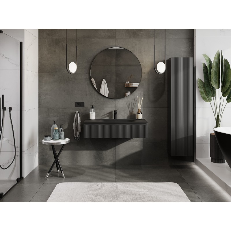 Mexen Rivel баня шкаф 100 см с мивка Vela, 1 чекмедже, рифланд, черна мат