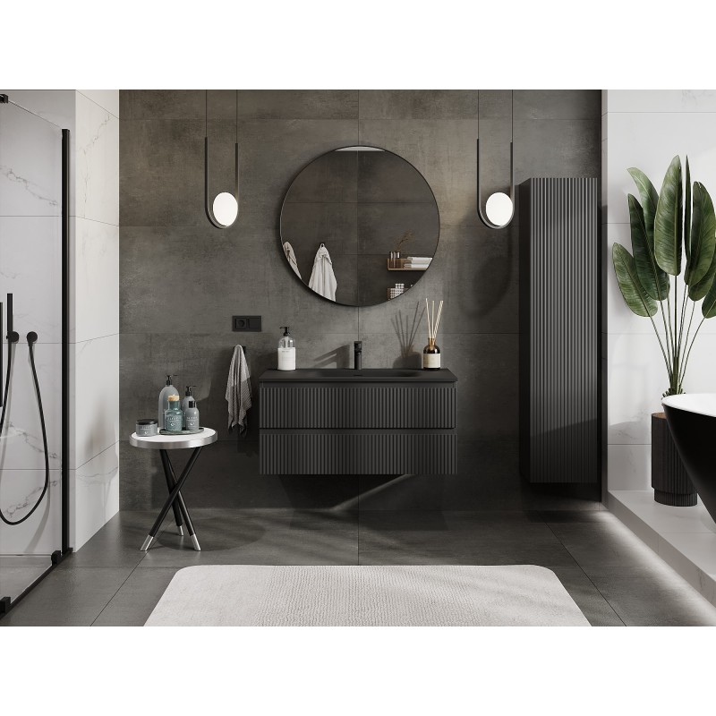 Mexen Rivel баня шкаф 100 см с мивка Vela, 2 чекмеджета, рифована, черен мат