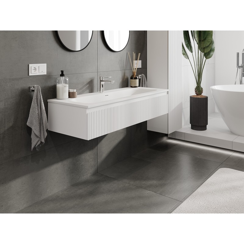 Mexen Rivel шкаф за баня 120 cm с мивка Vela, 1 чекмедже, рифлен, бял мат