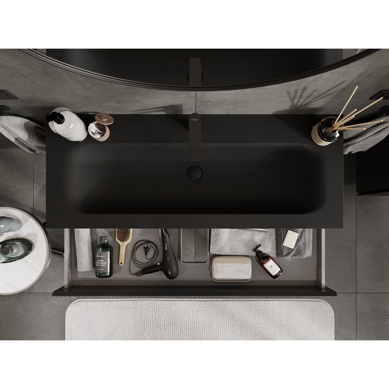 Mexen Rivel шкаф за баня 120 см с мивка Vela, 2 чекмеджета, оребрена, черен мат - 91A20-12047-2-BFF71-W23M71