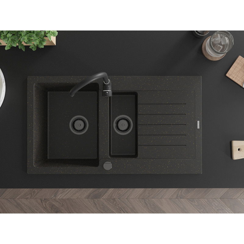 Mexen Matias гранитна кухненска мивка 1,5-коморна с отцедник и кухненски смесител Telma, черно/златно - 6502-75-670200-70-B