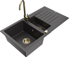 Mexen Matias гранитна мивка 1,5-камерна с отцедник и кухненски смесител Telma, черна на точки - 6502-76-670200-50