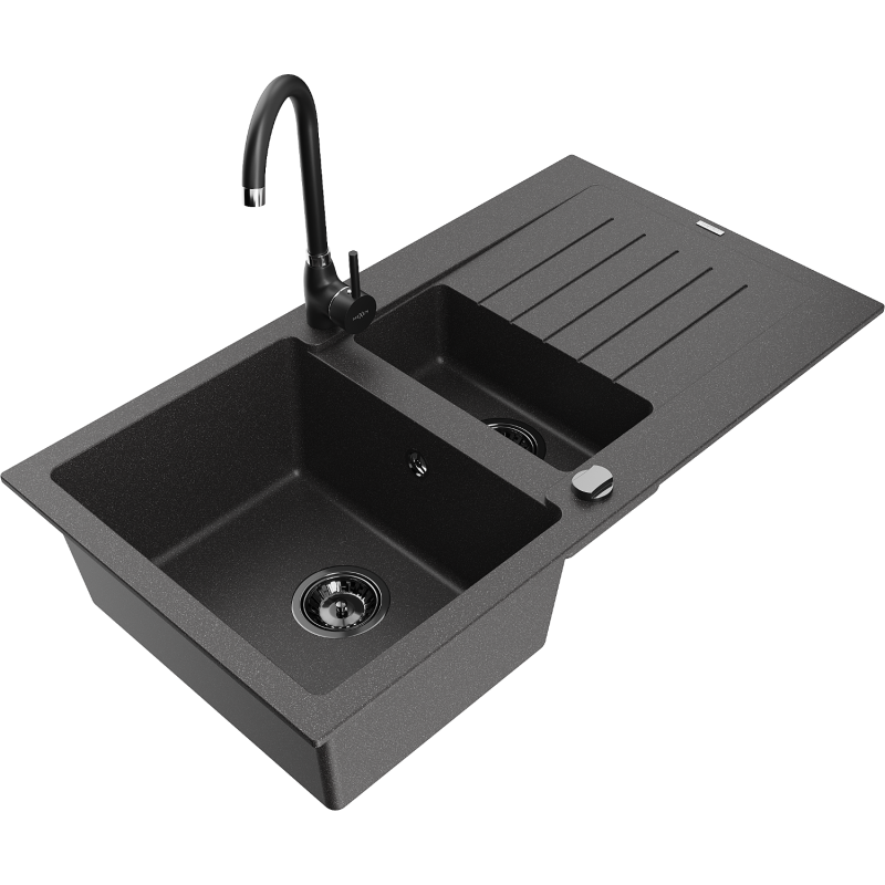 Mexen Matias гранитна мивка 1,5-камерна с сушилник и кухненски смесител Telma,