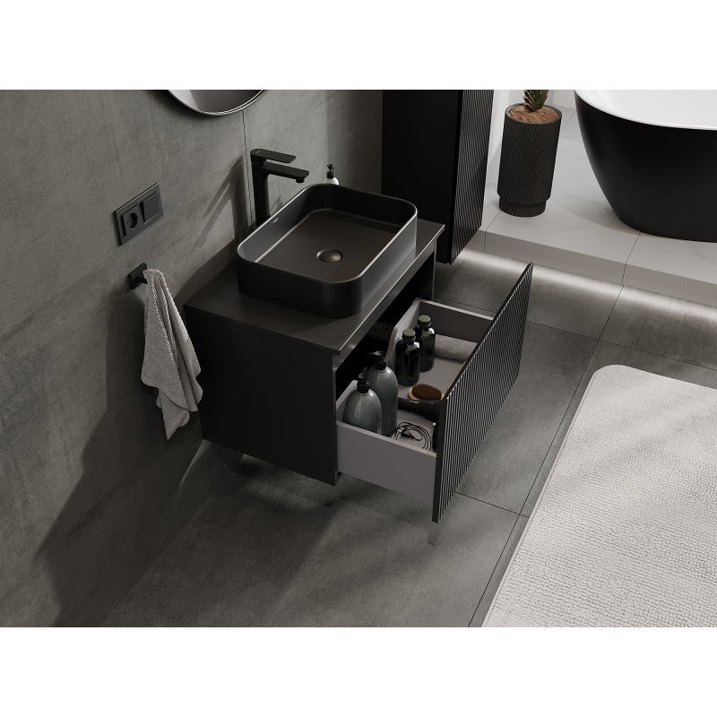 Mexen Rivel шкаф за баня с мивка 70 см, 1 чекмедже, оребрен, черен мат