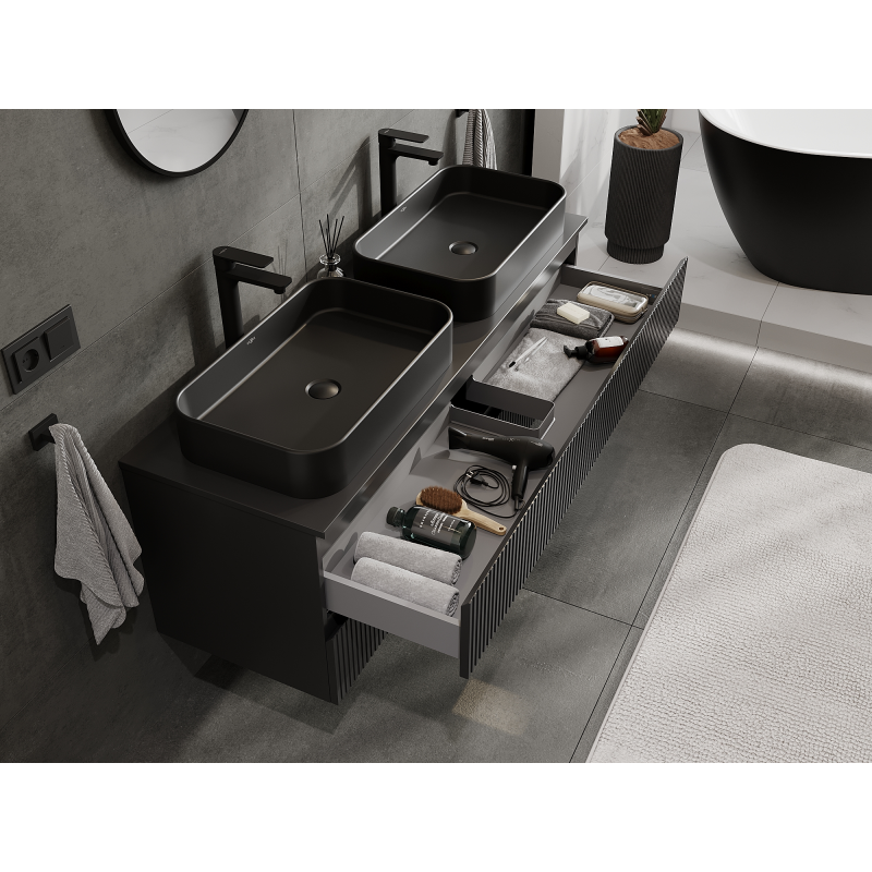 Mexen Rivel шкаф за баня под умивалник 140 см, 2 чекмеджета, набразден, черен мат - 91A20-14047-2-BFF71