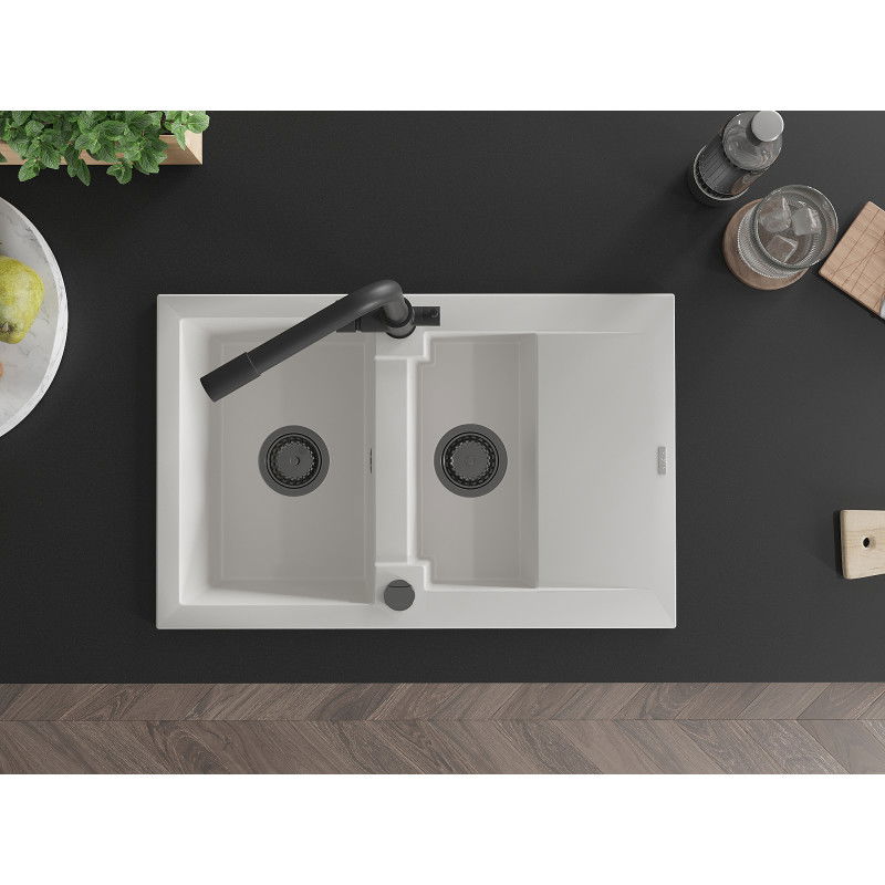 Mexen Gaspar гранитна кухненска мивка 1,5-коморова с отцедник и кухня батерия Duero, бял - 6507-20-671600-70