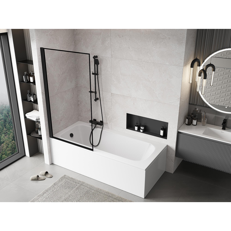 Mexen Mist параван за вана с 1 крило, ляв, 90 x 150 см, черна рамка, черен - 8A9-090-001-70-70-L