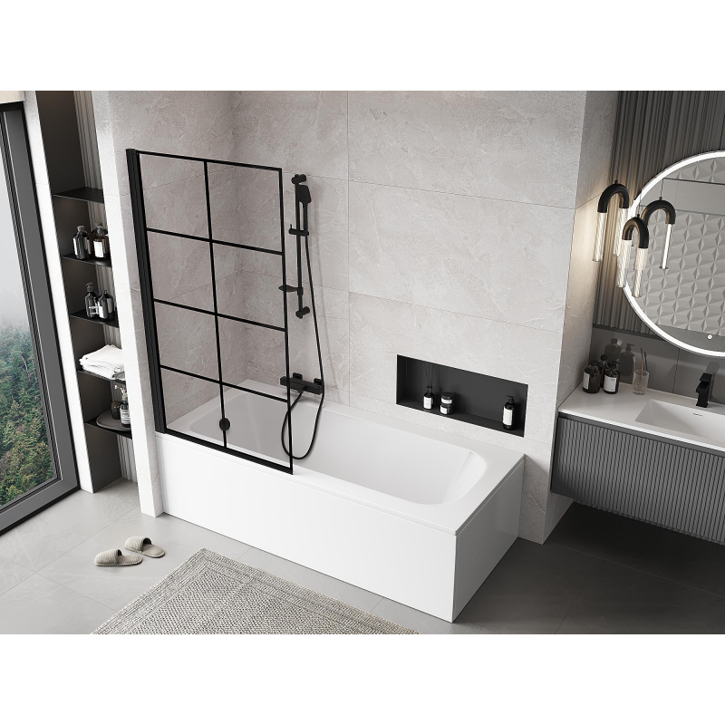 Mexen Mist параван за вана 1-крила лява 90 x 150 см, черна решетка, черен - 8A9-090-001-70-77-L