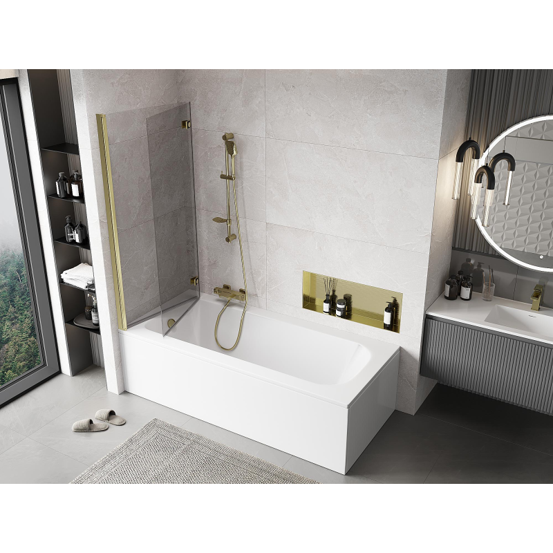 Mexen Mist преграда за вана с два крила лява 140 x 150 см, прозрачна, златна - 8A9-140-002-50-00-L