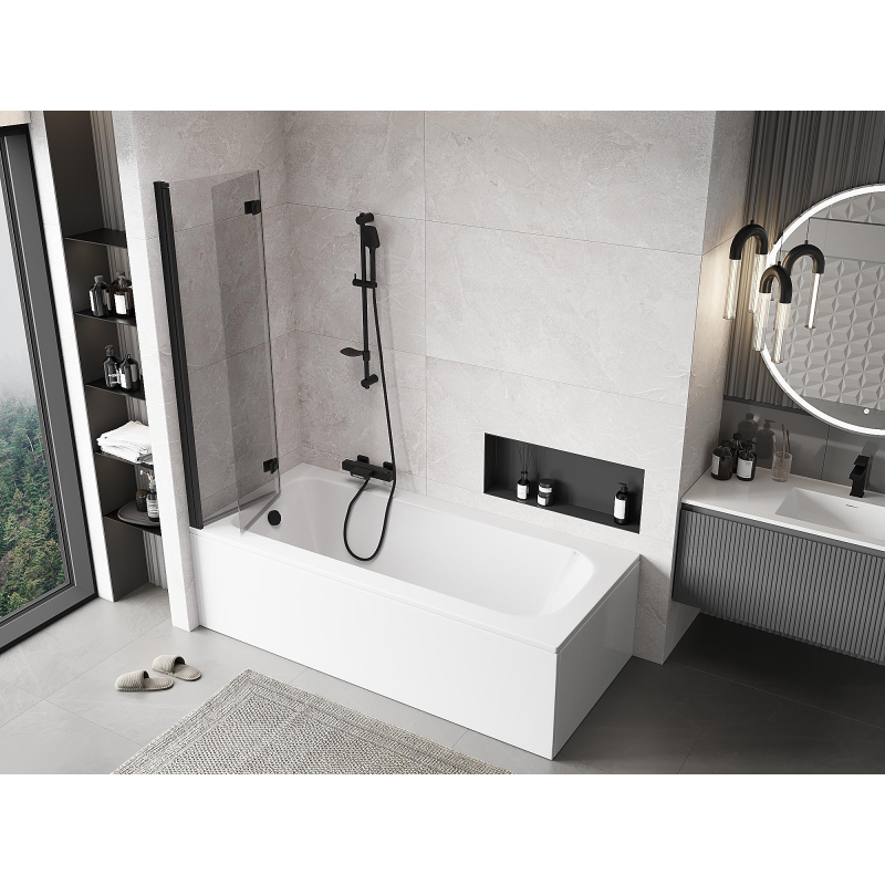 Mexen Mist параван за вана 2-крилен ляв 90 x 150 см, прозрачен, черен - 8A9-090-002-70-00-L