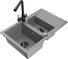 Mexen Gaspar гранитна мивка 1,5-камерна с отцедник и кухненски смесител Duero, сив - 6507-71-671600-70-B