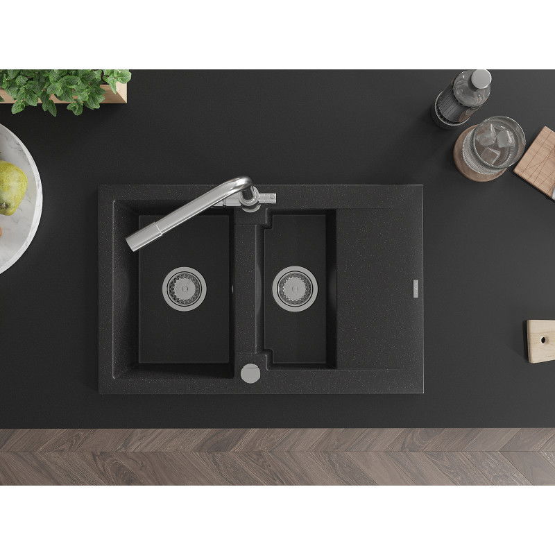 Mexen Gaspar гранитна мивка с 1,5 камери и отцедник и кухненски смесител Duero, черен/сребрист - 6507-73-671600-00