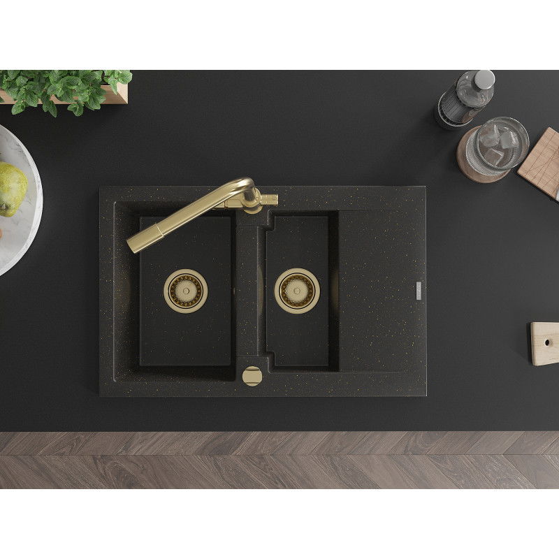 Mexen Gaspar гранитна мивка 1,5-коморна с отцедник и кухненски смесител Duero, черно/златист металик - 6507-75-671600-50