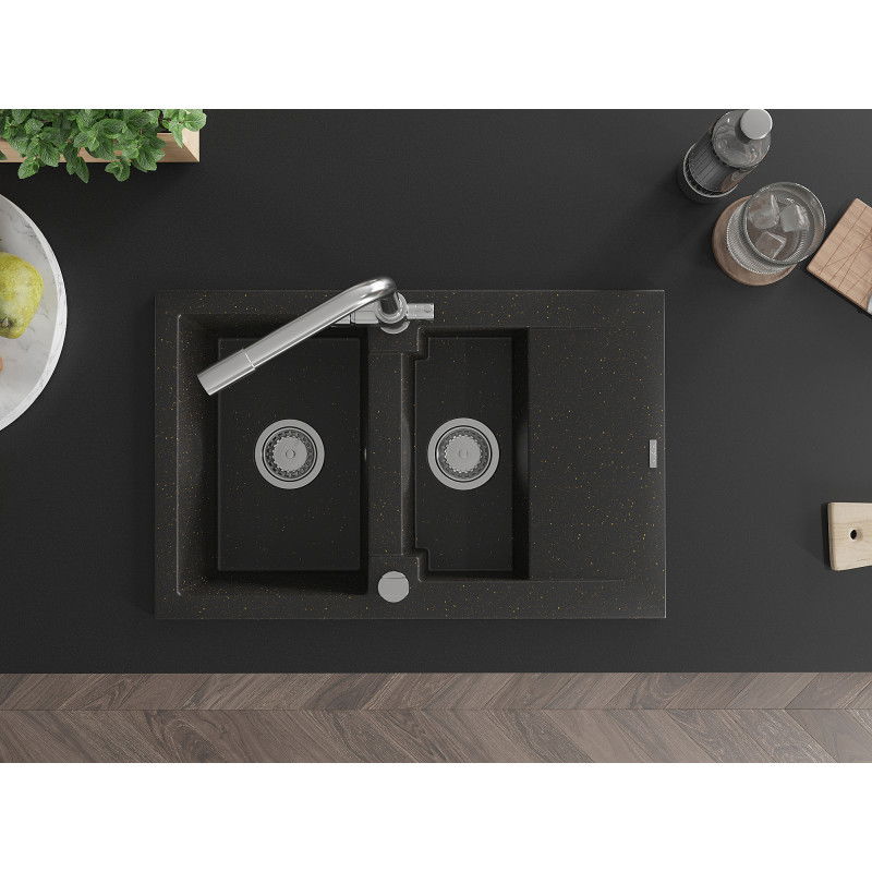 Mexen Gaspar гранитна мивка с 1,5 камери с отцедник и кухненски смесител Duero, черен/златен металик - 6507-75-671600-00
