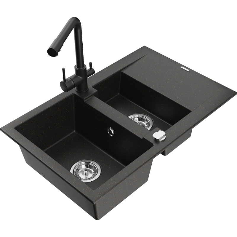 Mexen Gaspar гранитна мивка с 1,5 камери, с отцедник и кухненски смесител Duero,