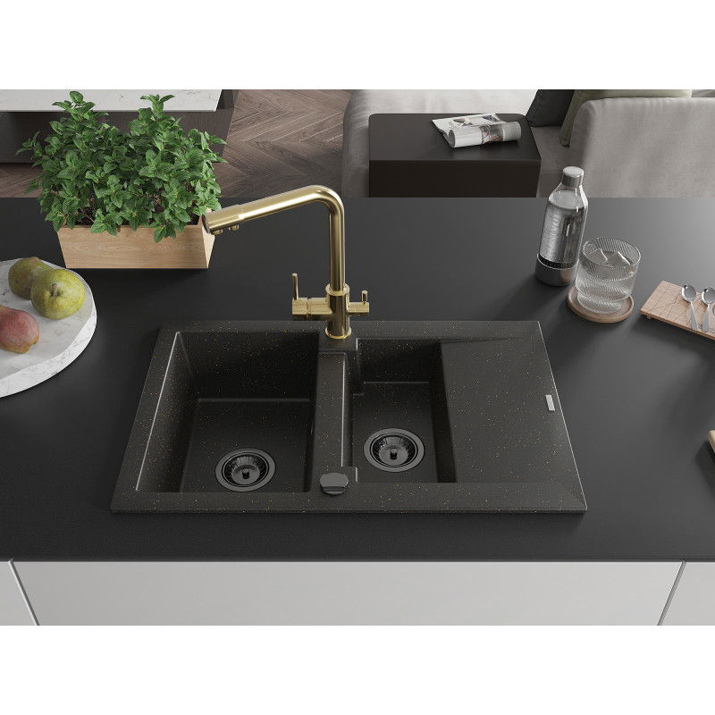 Mexen Gaspar гранитна мивка 1,5-чашкова с отцедник и кухненски смесител Duero, черен/златен - 6507-75-671600-50-B