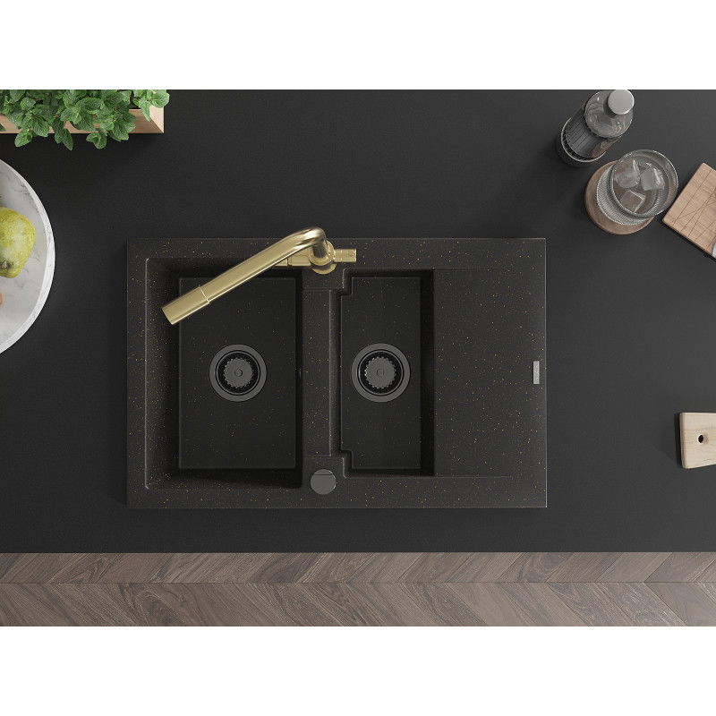 Mexen Gaspar гранитна мивка 1,5-чашкова с отцедник и кухненски смесител Duero, черен/златен - 6507-75-671600-50-B