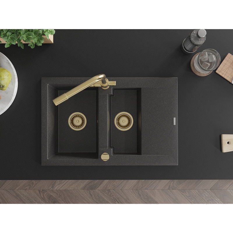 Mexen Gaspar гранитна мивка 1,5-камерна с отцедник и кухненски смесител Duero, черно на пръски - 6507-76-671600-50