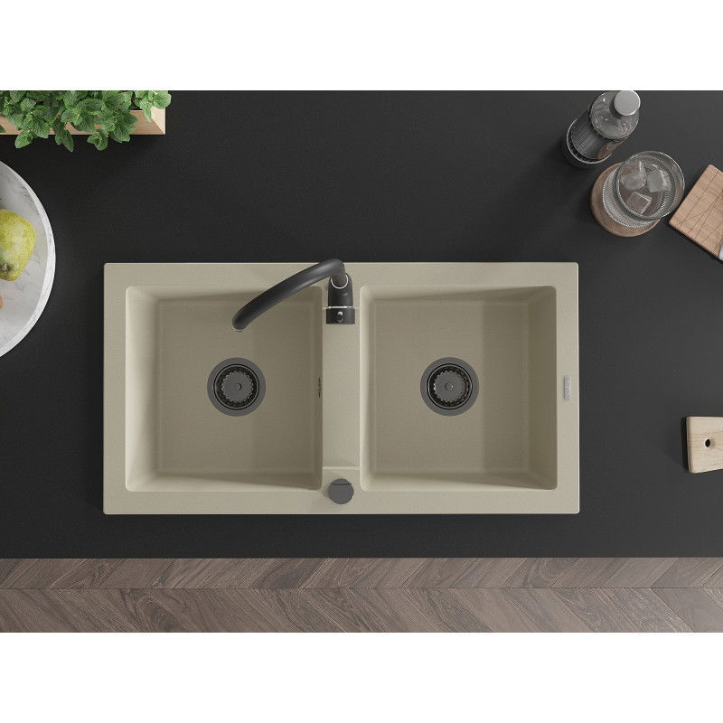 Mexen Mario гранитна мивка 2-компактна с кухненски смесител Telma, бежова - 6504-69-670200-70
