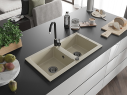 Mexen Mario гранитна мивка 2-компактна с кухненски смесител Telma, бежова - 6504-69-670200-70