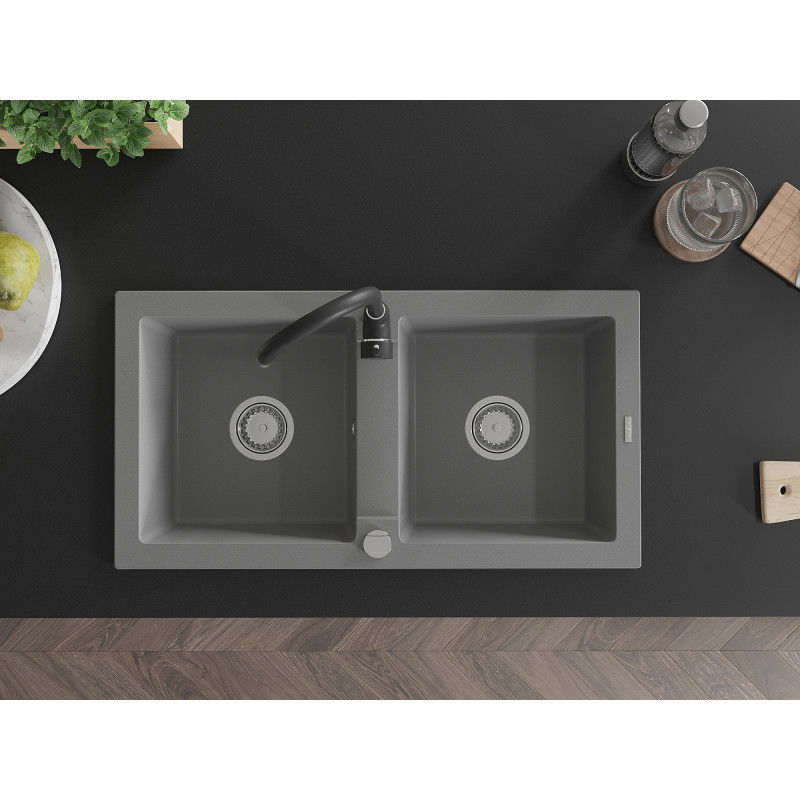 Mexen Mario гранитна мивка с 2 отделения с кухненски смесител Telma, сив - 6504-71-670200-70
