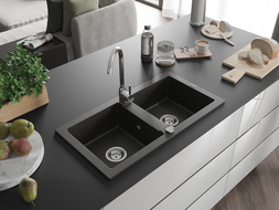 Mexen Mario гранитна кухненска мивка 2-коморна с кухненски смесител Telma, черен/златен - 6504-75-670200-00