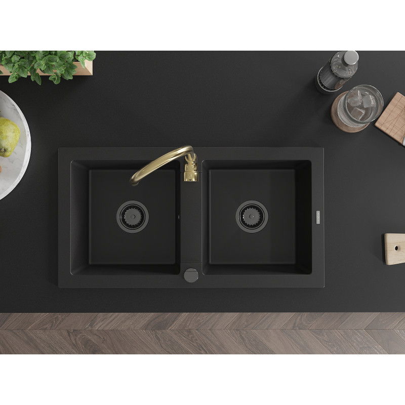Mexen Mario мивка гранитна 2-камерна с кухненски смесител Telma, черен - 6504-77-670200-50-B