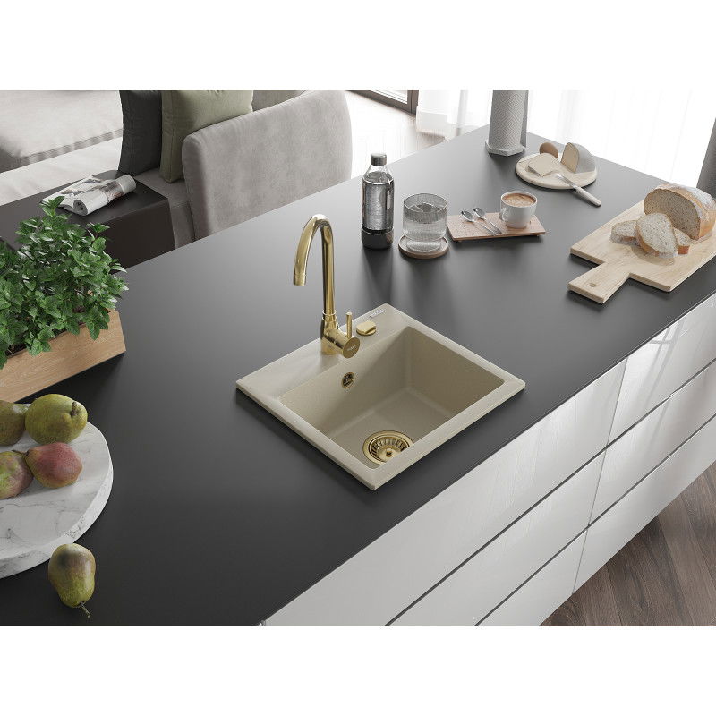 Mexen Milo Гранитна кухненска мивка с 1 корито и кухненски смесител Telma, бежов - 6505-69-670200-50