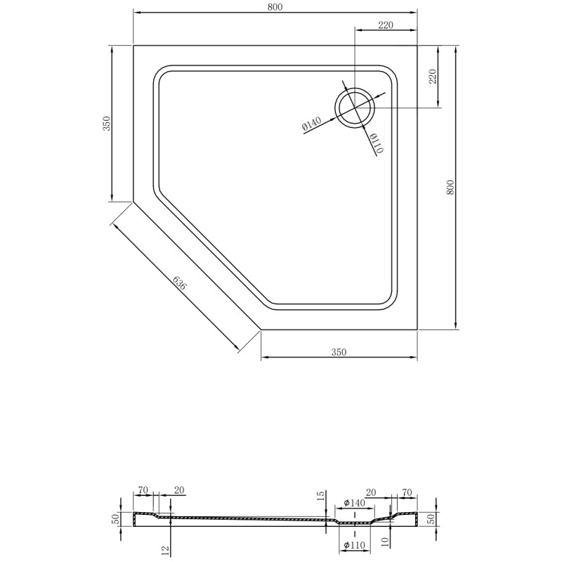 Mexen Flat петоъгълен душов поддръжник slim 80 x 80 cm, бял, сифон хром - 41P108080