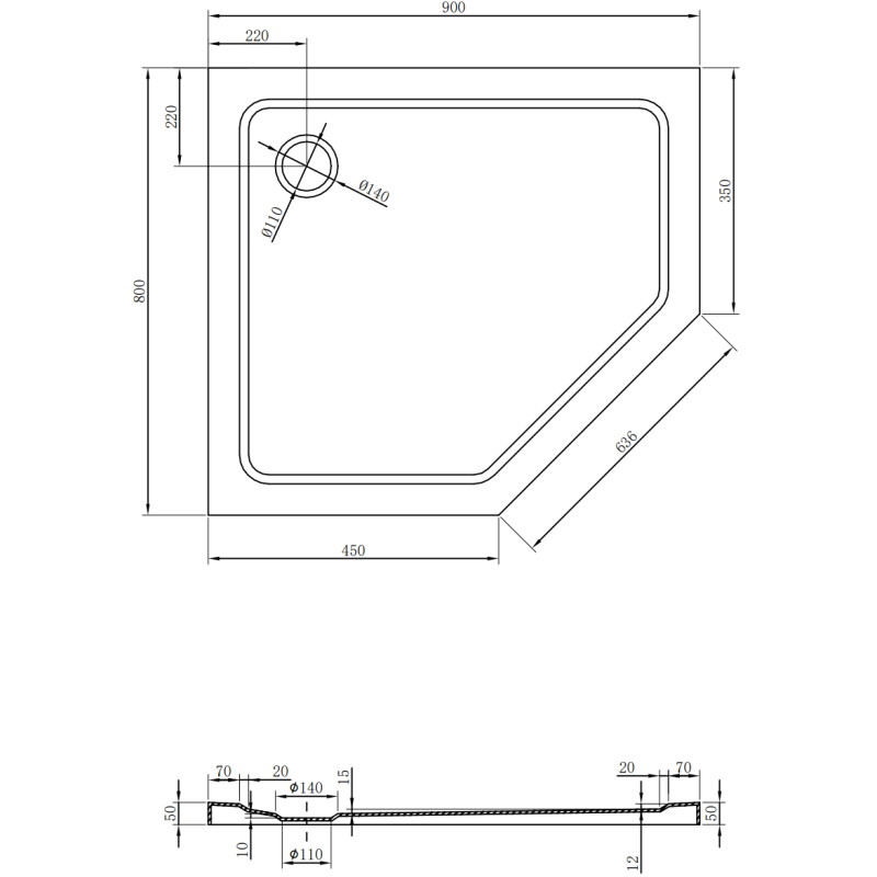 Mexen Flat петостенен плит за душ тип slim - ляв 90 x 80 см, бял, с хром сифон
