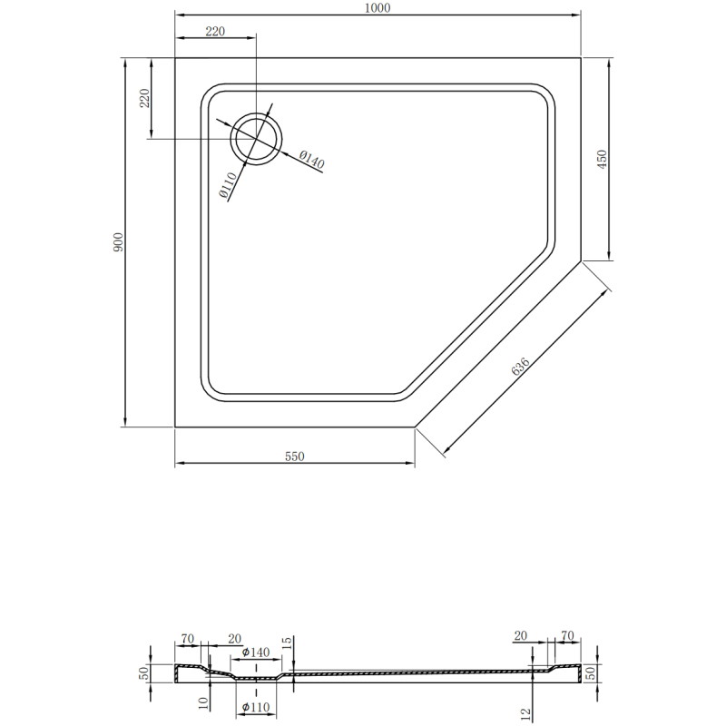 Mexen Flat петостенен тънък поддушник ляв 100 x 90 см, бял, сифонов хром - 41P109010L