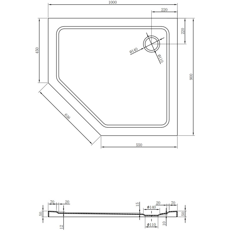 Mexen Flat петоъгълен тънък десен поддушов корито 100 x 90 см, бял, хромиран