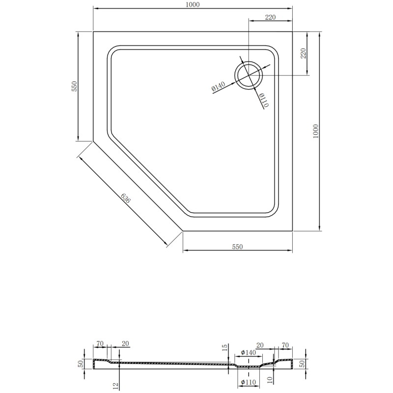 Mexen Flat петстенен тънък душ корито 100 x 100 см, черен, хром сифон - 41P701010