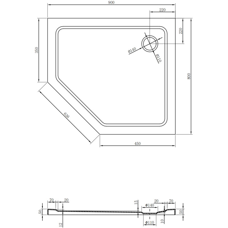 Mexen Flat петостенен тънък душов коритен панел десен 90 x 80 см, черен,